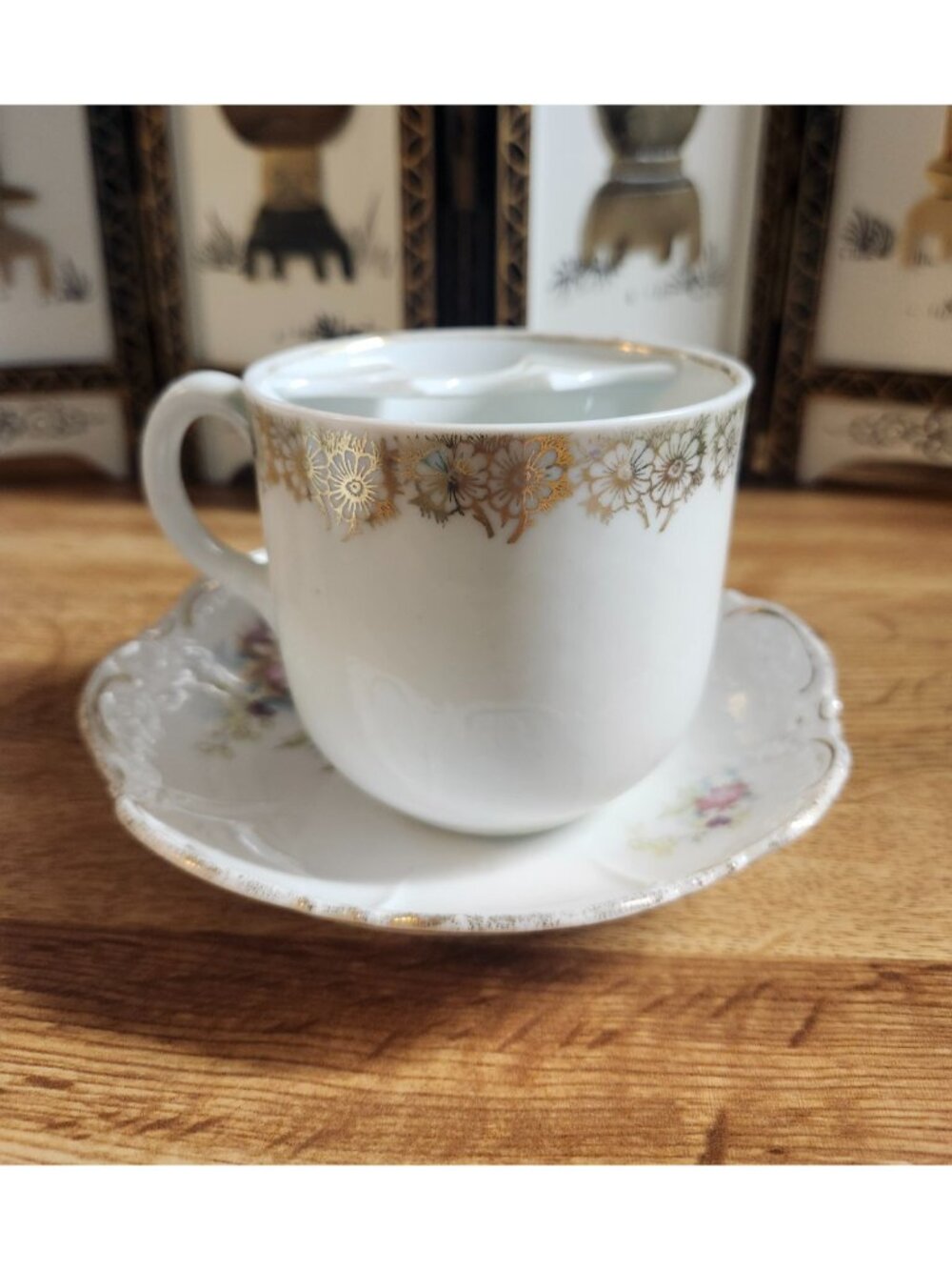 Victorian Mustache Tea Cup & Saucer Set Bone China Porcelain Pink Germany VTG - Picture 6 of 16